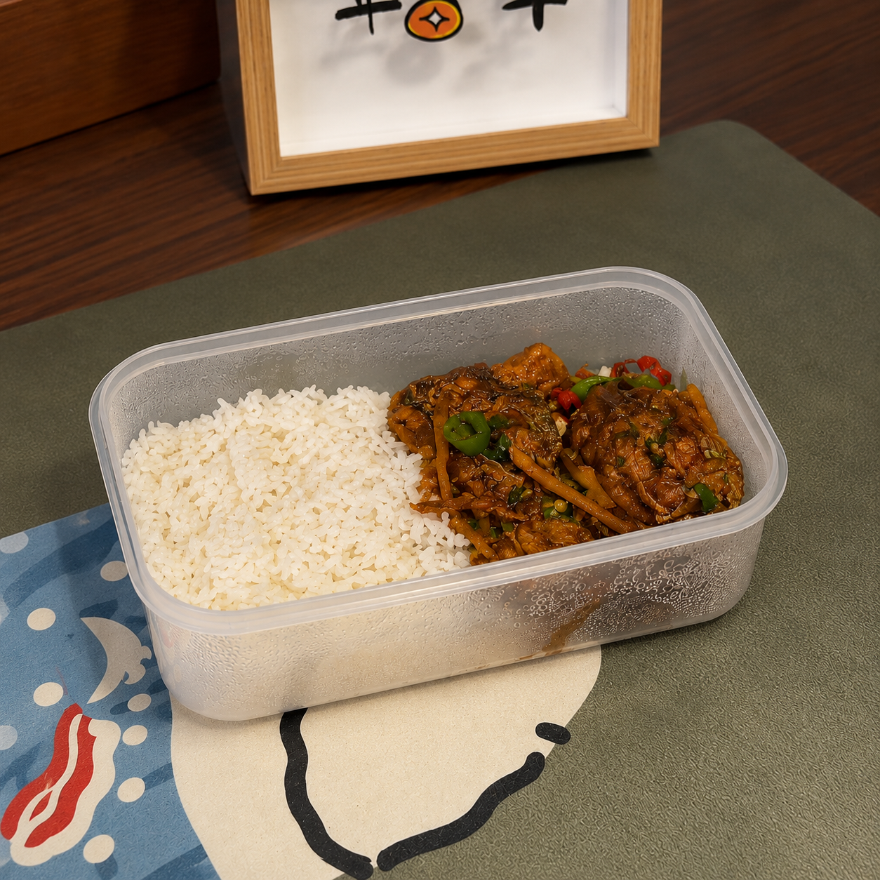 A cold lunch in a plastic tub